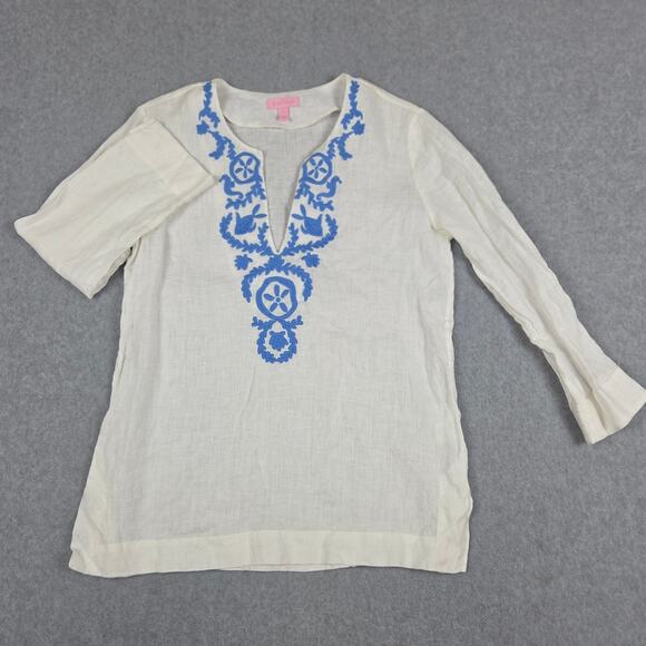 Lilly Pulitzer Small 100% Linen White Tunic Blue Embroidery V Neck 3/4 Sleeve - Picture 4 of 12